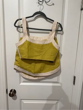 7 For All Mankind Olive Green Linen Layered Tank with Cream Trim